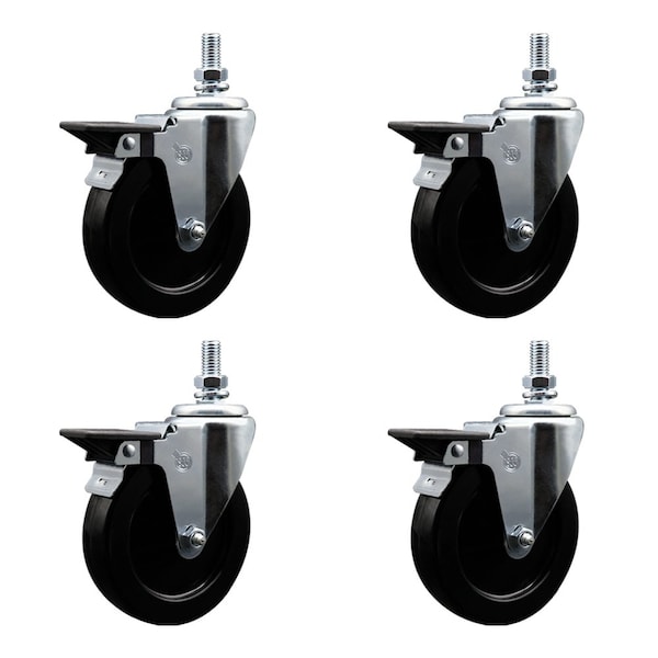 5 Inch Hard Rubber 12 Inch Threaded Stem Caster Set with Brake